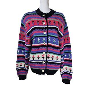 Vtg Italtempo Floral Striped Chunky Knit Cardigan Sz M Wool Blend Grannycore